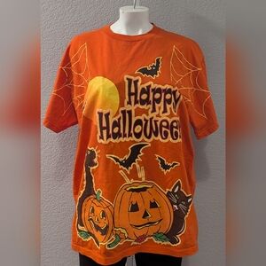 VTG 90s Y2K Halloween T Shirt All Over Print Size Large Orange Black Cat